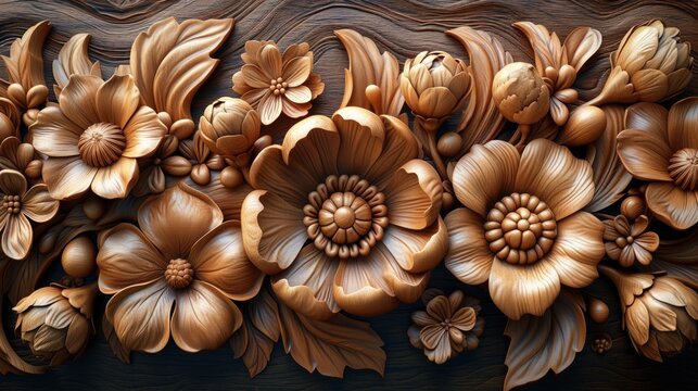 print of wooden flowers, abstract background