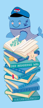 Lesezeichen Wal auf Bücherstapel