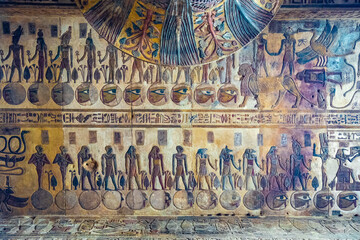 Incredible frescoes of the Temple of Esna, Temple of Khnum, colored hieroglyphs, ancient Egypt,...