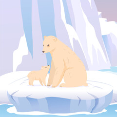 Polar bear with cub in north pole on arctic iceberg. Cartoon cute nature winter ice cold freeze antarctica landscape with white bears on floe and snow mountains hills. Global climate warming problem
