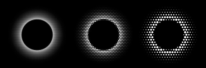 White abstract circle frames set with halftone dots. Vector emblem design elements collection isolated on black background. Round border with dots texture