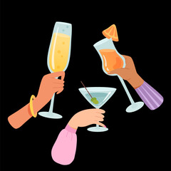Hands with glasses of alcohol cocktails and drinks vector illustration. Friends holding goblets with champagne, martini, aperol. People celebrating holiday with toasts and cheering. Party, bar, event