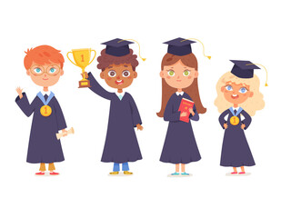 Kids graduates standing in row, cute happy little characters in academic gowns and hat