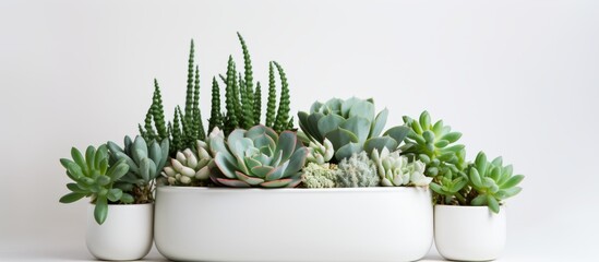 A variety of houseplants, such as succulents, are thriving in the flowerpots. These terrestrial plants add beauty to the landscape and bring a touch of art to any event - obrazy, fototapety, plakaty