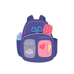 Children school backpack vector illustration. Cute blue kid back bag with stationery isolated on white. Cartoon stylish accessories. Back to school education concept