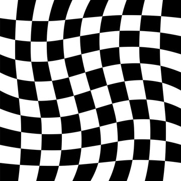 Black and white seamless checker pattern vector illustration. Wavy chess board. Abstract checkered checkerboard for game. Grid geometric square shape. Race flag. Retro mosaic floor