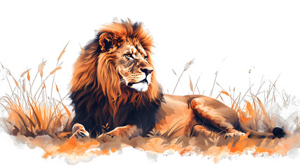 Cartoon art of a lion in the savanna isolated on a transparent background, PNG, Ai