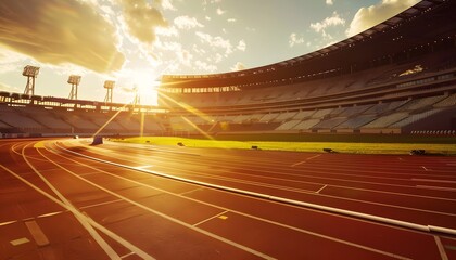 Stadium athletic track surrounded by lush greenery under a stunning sunset sky - obrazy, fototapety, plakaty