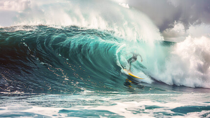 A surfer fights against big waves