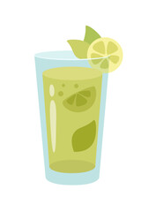 Glass of mojito cocktail with lime cartoon vector illustration. Summer mint alcohol drink isolated on white background. Celebration with toasts and cheering. Party time. Beverage menu concept - obrazy, fototapety, plakaty