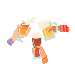 Hands with glasses of alcohol cocktails and drinks vector illustration. Friends holding mugs and goblets with beer. People celebrating with toasts and cheering together. Party, event, bar, pub - obrazy, fototapety, plakaty