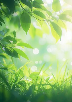Springtime Scene with Green Grass and Blurred Leaves, Sunlight Rays, Bokeh Effect, Closeup, Fresh Spring Nature Scene.