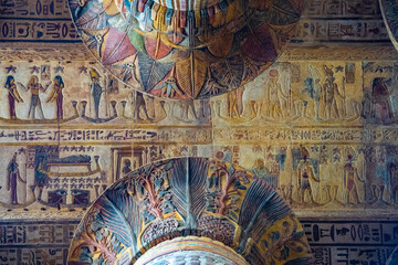 Incredible frescoes of the Temple of Esna, Temple of Khnum, colored hieroglyphs, ancient Egypt,...