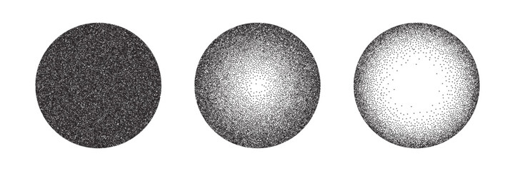 Circles with grain noise texture set vector illustration. Abstract spheres with gradient stipple pattern, globes with gradation to fade of monochrome grainy dots or noise dust on white background