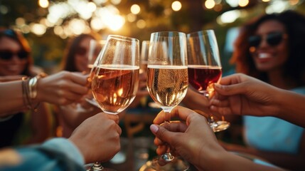 People cheers, making toasts with wine and champagne glasses at a party celebration with friends enjoy a warm summer evening, Generative AI  - Powered by Adobe