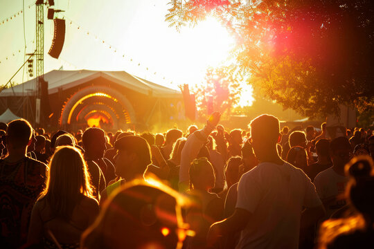 Festival people in the sunshine at an open air festival. Concert at summer festival.