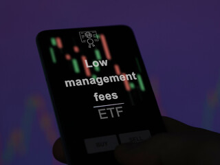 An investor analyzing the low management fees etf fund on a screen. A phone shows the prices of Low management fees