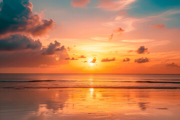 Obraz premium Panoramic beach landscape. Inspire tropical beach seascape horizon. Orange and golden sunset sky calmness tranquil relaxing sunlight summer mood