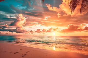 Panoramic beach landscape. Inspire tropical beach seascape horizon. Orange and golden sunset sky calmness tranquil relaxing sunlight summer mood