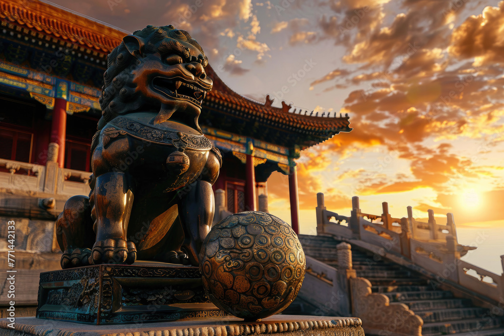 Poster In the ancient Chinese Forbidden City, there is an oversized bronze lion and copper ball on both sides of its feet. - Posters