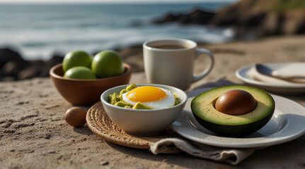 Breakfast avocado eggs and coffee by the sea. Selective focus.generative.ai