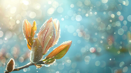 Spring floral background with pink blooming Magnolia with sparkling water drops and beautiful...