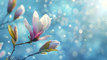 Blooming pink magnolia in springtime on sparkling pastel bokeh blue sky background, spring banner...