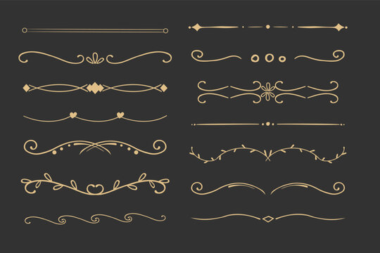 Elegant gold divider thin line classic deco border separator collection isolated on dark background. Florish arnament, embelish.