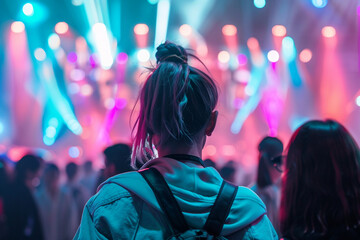 Back-view of trendy crowd at futuristic festival, neon lights, cinematic fashion event, dynamic scene - obrazy, fototapety, plakaty