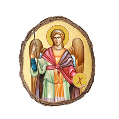 Christian vintage illustration of archangel Gabriel. Golden religious image in Byzantine style on white background