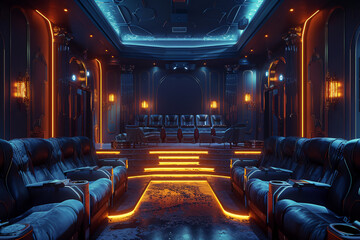 Create an AI-rendered scene of an empty cinema hall with a sophisticated ambiance, featuring tasteful decor, soft lighting, and comfortable seating arrangements that combine to create a tranquil retre - obrazy, fototapety, plakaty