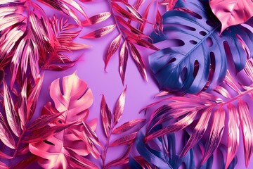 Flat lay of tropical palm leaves in vibrant bold neon holographic colors. Concept of minimal art background, Generative AI 