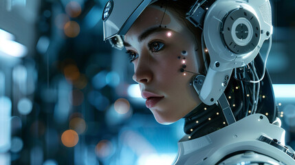 Fototapeta premium Beautiful robotic-human woman, in smart AI work setting, high-tech, futuristic, efficient workspace