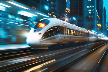 High speed train overtaking, utilizing rear curtain sync for dynamic motion effect. - obrazy, fototapety, plakaty