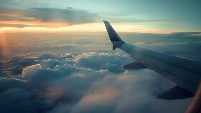 View from an airplane window of the wing of the plane flying above clouds in the sunset light with a beautiful sky