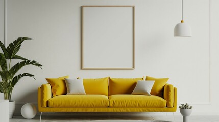 Mock up poster frame, yellow sofa, modern home interior with white wall background, 3D render