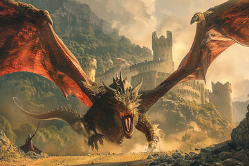 A dragon is flying over a castle with a man in a red robe