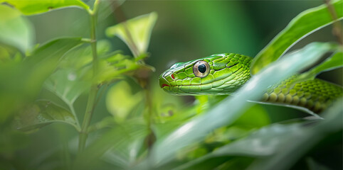 Fototapeta premium Green viper skin snake, AI Generative.
