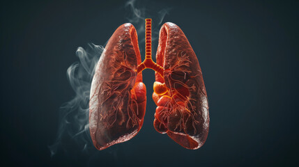 A detailed 3D rendering of the human respiratory system featuring healthy lungs and airways against a dark background with smoke.