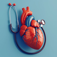 Highly detailed anatomical heart model with a stethoscope on a blue background, medical concept. - obrazy, fototapety, plakaty