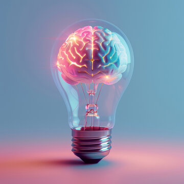 A conceptual image of a brain as a light bulb on a serene blue background, signifying thought and innovation.