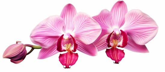 A close up of three pink moth orchids with delicate petals set against a white background,...