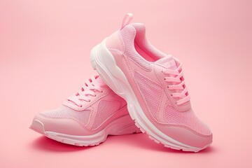 Pair of modern sport shoes on pink background
