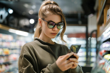 Portrait of young woman in eyeglasses using mobile phone in supermarket
