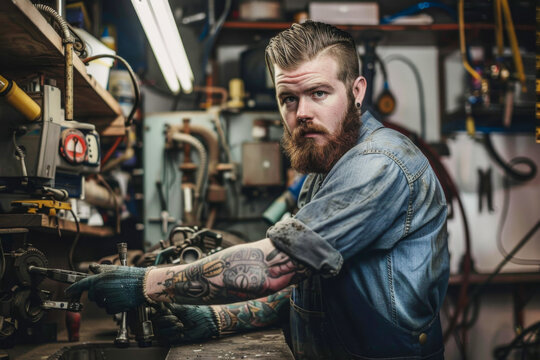 Portrait of a tattooed young man working in a workshop.

