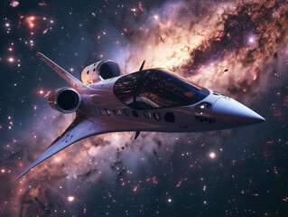 Cosmic trip, space plane and rocket combo, navigating starry sky, high-tech, interstellar travel