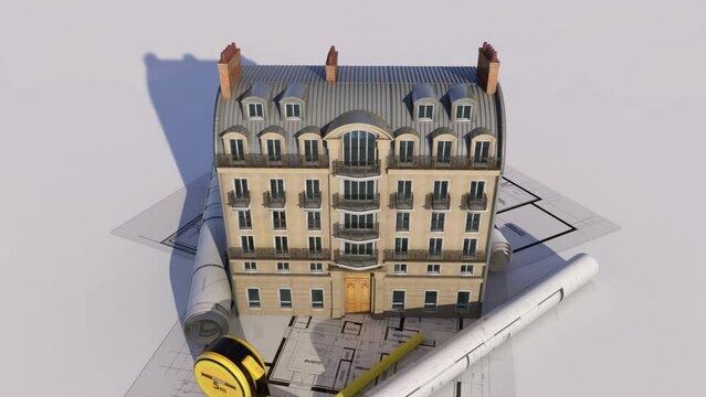 Classical Parisian building on top of blueprints