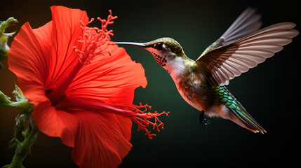 Naklejka premium Hummingbird in Flight Beside a Vibrant Flower