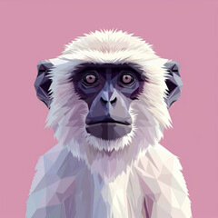 Low poly art style portrait of a monkey with a contemplative expression, pink background.