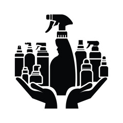 Cleaning spray bottle set with care hand vector silhouette